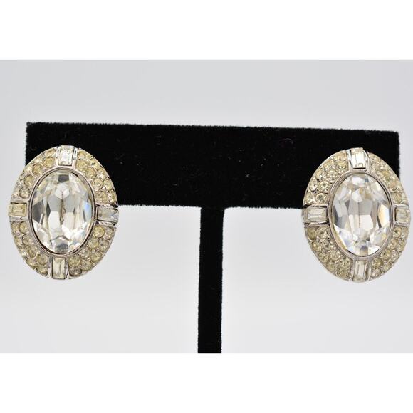 Givenchy Crystal Clip Earrings Baguette Rhinestone Oval Silver Tone Signed 9D - Picture 1 of 12